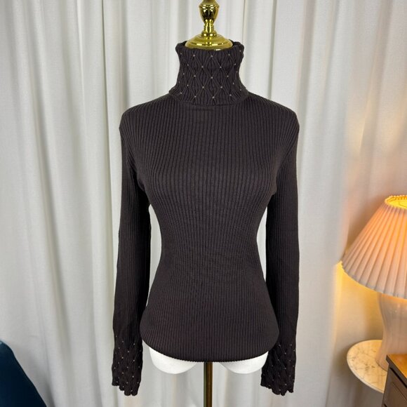 SPORTMAX by MaxMara 100% Wool Ribbed Turtleneck Lattice-Smocked Sweater sz XL - Picture 1 of 9